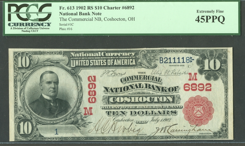 Coshocton, OH, Charter #6892, 1902 Red Seal $10. Serial Number 1, Ch.XF-PQ